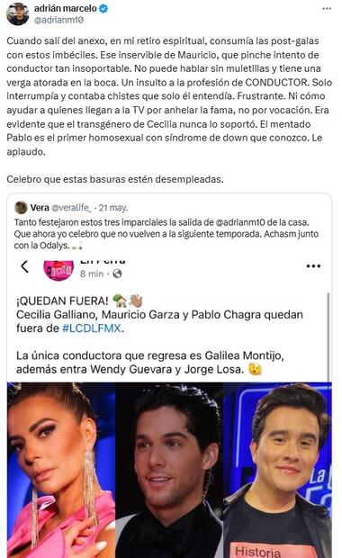 Adrián Marcelo suma nueva polémica por el mensaje que escribió sobre tres conductores de "La casa de los famosos México".