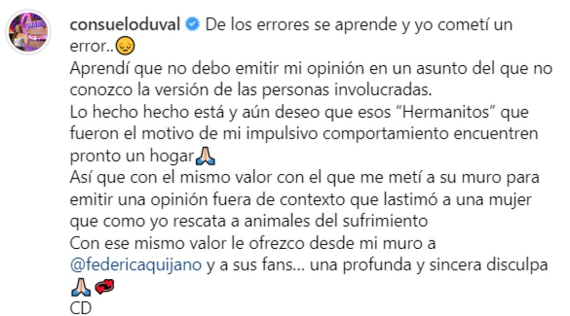 Disculpa de Consuelo Duval a Federica. Captura.
