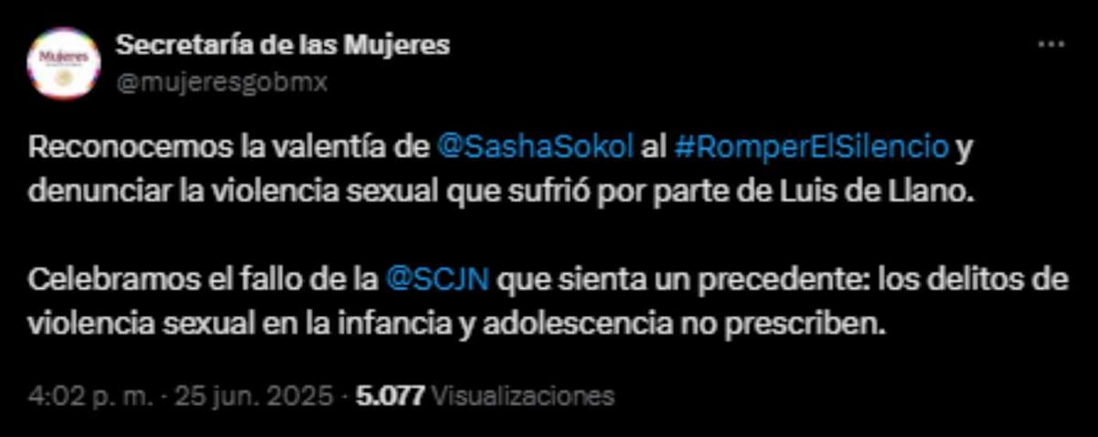 Secretaría de Mujeres celebra fallo de la SCJN contra Luis de Llano y  reconoce la valentía de Sasha Sokol. Foto: Captura tomada de la cuenta de X de @mujeresgobmx.