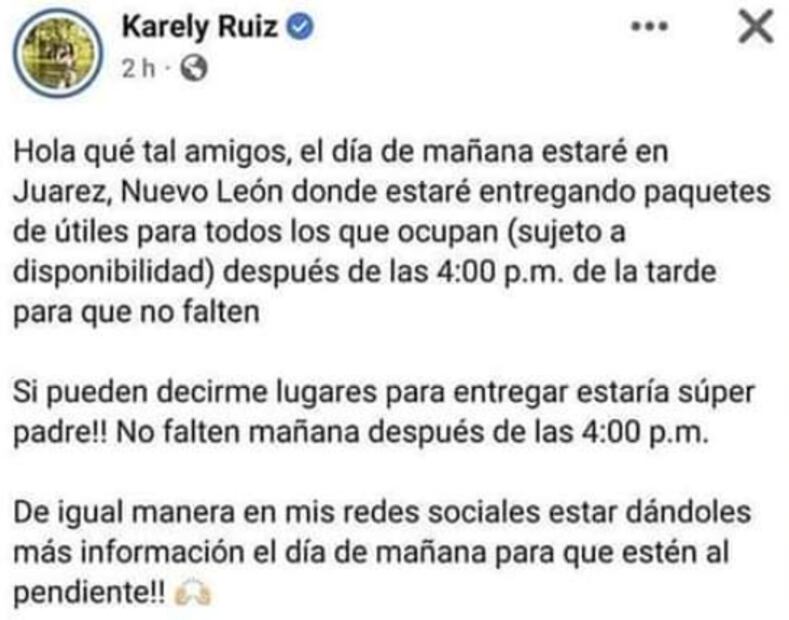 Karely Ruiz sale a las calles de Nuevo León para regalar útiles escolares