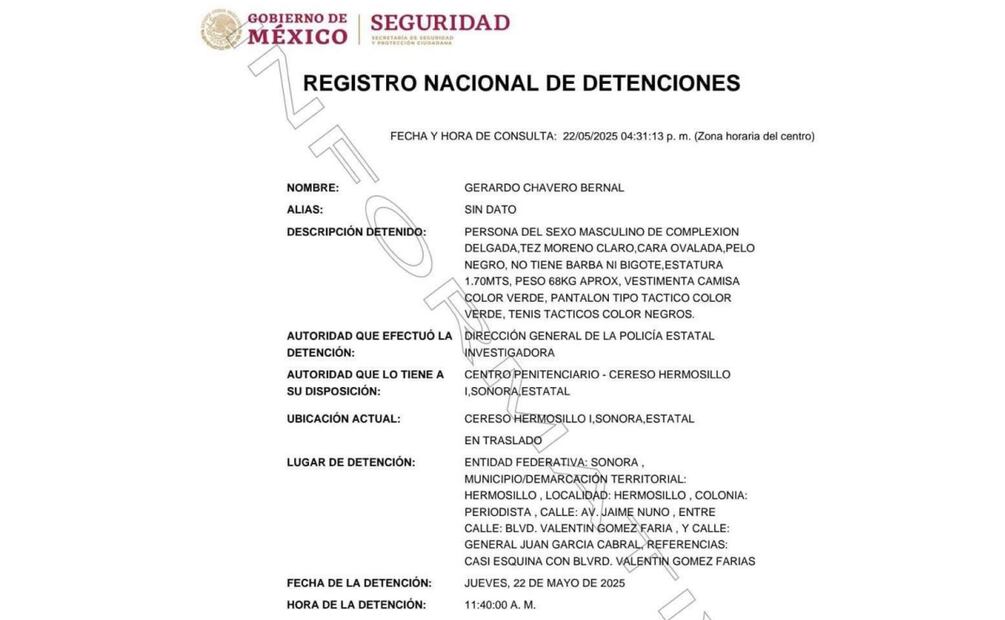 Detienen a Coordinador de Centros Penitenciarios de Sonora por fuga de "El Ponchis" (22/05/2025). Foto: Especial