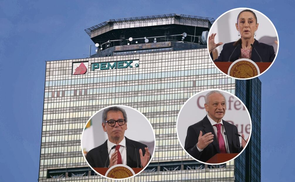 Torre de Pemex. La presidenta Claudia Sheinbaum, Víctor Rodríguez Padilla, director general de Pemex y Edgar Amador Zamora, secretario de Hacienda y Crédito Público, durante la mañanera de este 5 de agosto del 2025. Fotos: Diego Simón y Gabriel Pano  / EL UNIVERSAL