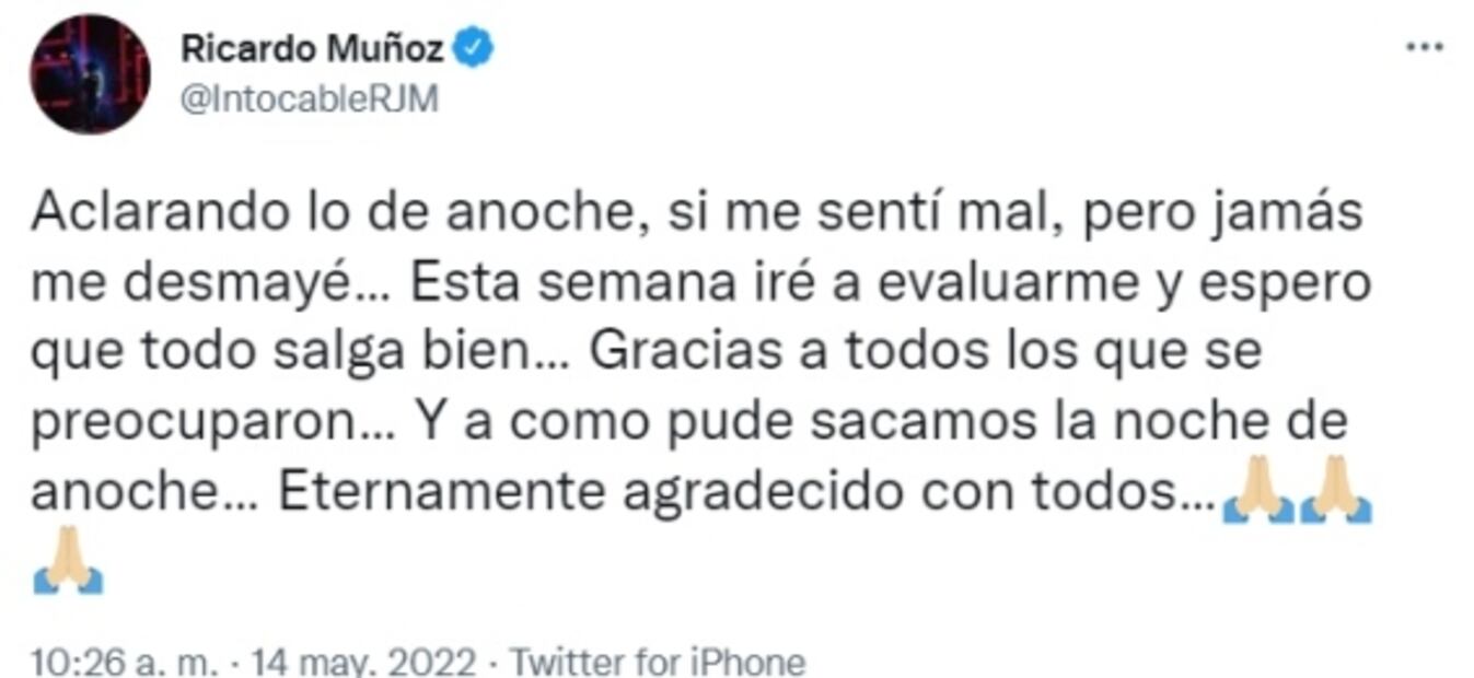 Ricardo Muñoz, de Intocable, aclara que sí se sintió mal pero no se desmayó en concierto