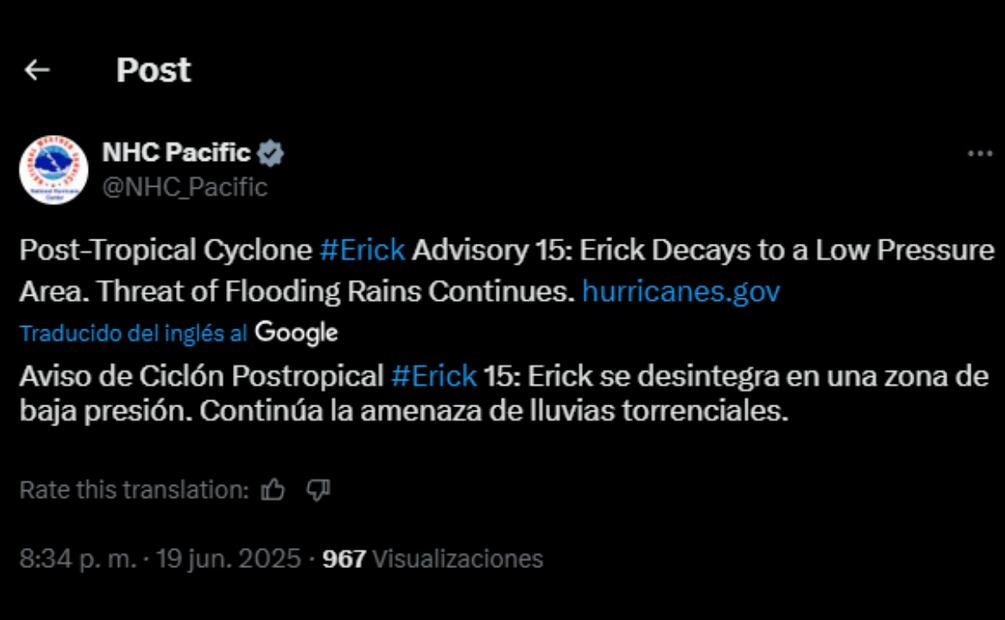 "Erick" se desintegra en una zona de baja presión (19/06/2025). Foto: Captura de pantalla