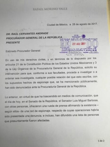 Moreno Valle pide a PGR que lo investigue por presunto espionaje