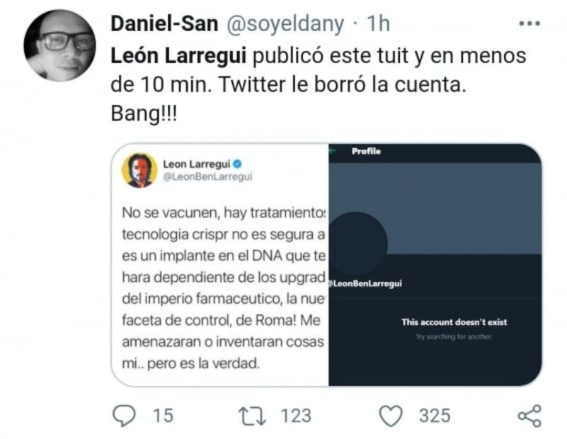 León Larregui promueve no vacunarse contra el Covid y le cierran Twitter