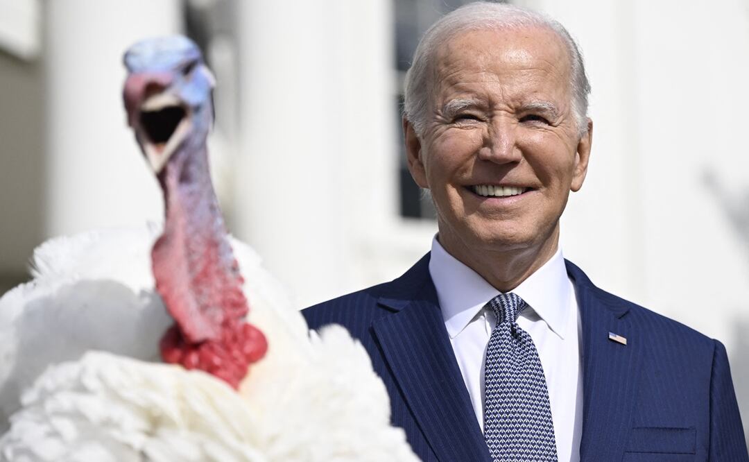 El presidente estadounidense Joe Biden indulta al pavo nacional de Acción de Gracias, Liberty, durante una ceremonia de indulto en la Casa Blanca en Washington. Foto: AFP