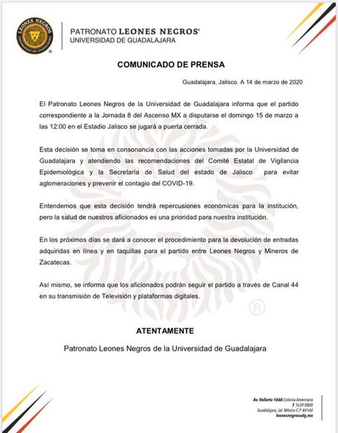 Leones Negros sí jugará a puerta cerrada por Coronavirus