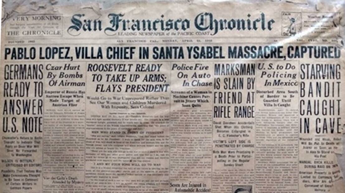 Plana del diario San Francisco Chronicle donde se lee que el general villista Pablo Gómez, había sido capturado. Cortesía Mario A. Trillo.