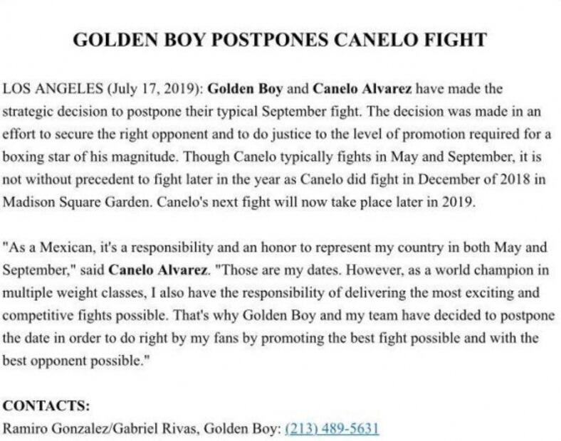 Saúl "Canelo" Álvarez no peleará en septiembre