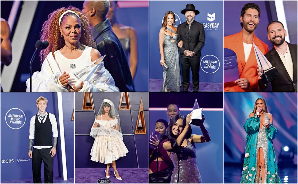 Janet Jackson y su Icon Award, su primera actuación en tv desde 2018.
La diseñadora Kendra Scott con el
cantante de country Zac Brown.
El dueto de música country Dan + Shay,
presentadores en un fragmento de la noche.
Machine Gun Kelly con estilo muy
colegial y perlas al cuello.
Rebecca Black tomó el papel de la
novia de la noche, look en blanco.
Becky G fue Artista latina favorita;
dedicó su triunfo a su comunidad.
JLo, en vestido plata y turquesa,
uno de los ocho que usó.
Fotos: AFP y EFE