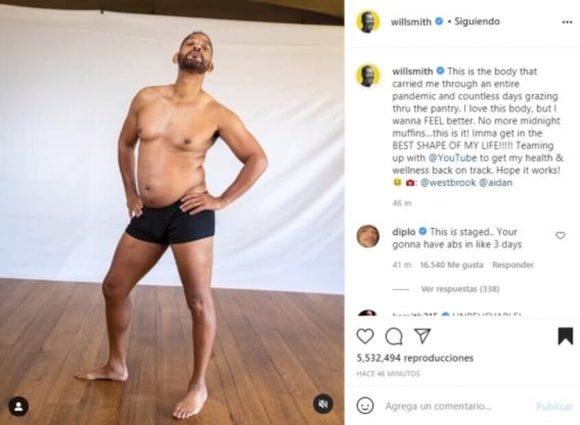 "Amo este cuerpo, pero quiero sentirme mejor", dice Will Smith al mostrar sus kilos de más