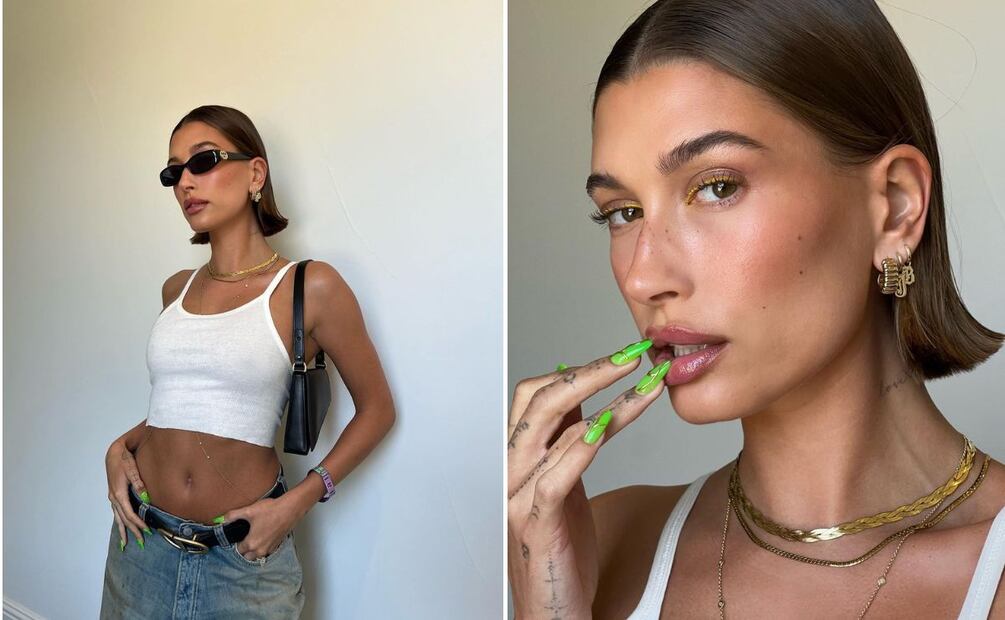 El diseño de uñas con el que Hailey Bieber asistió a Coachella el año pasado también era verde. Foto: Instagram @haileybieber