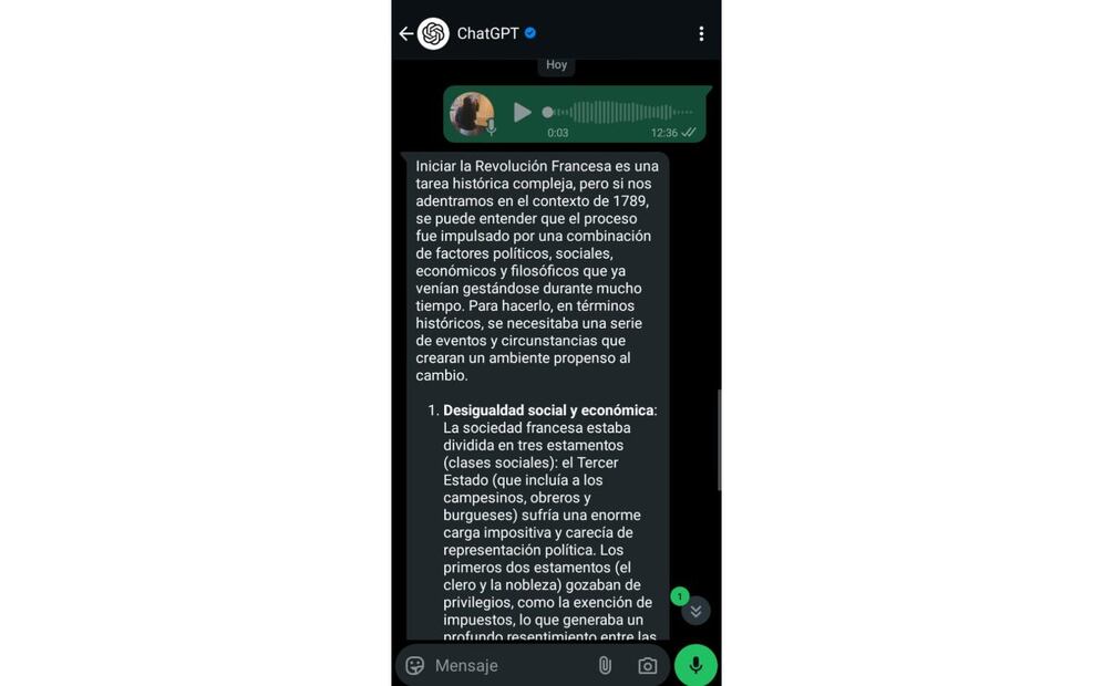 Hablar con ChatGPT por mensajes de voz en WhatsApp. Imagen: captura de pantalla