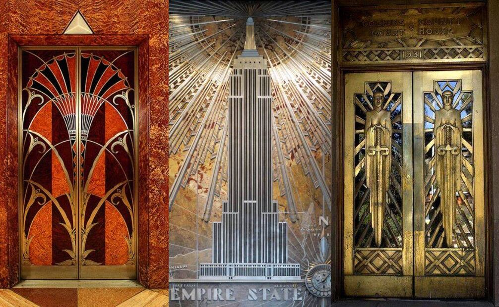El art déco sacaba partido de los colores metálicos, en que motivos frecuentes déco eran las líneas verticales, la vegetación y las figuras humanas, así como los halos de luz trazados con rectas concéntricas. Pinterest.