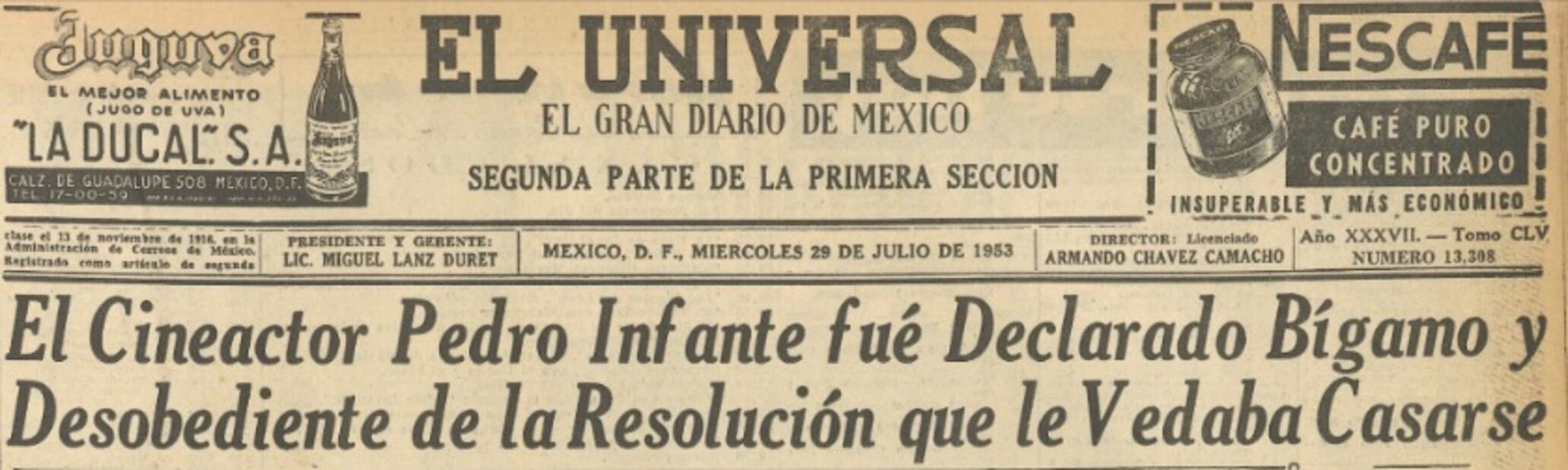 Pedro Infante protagonizó un escándalo legal en 1953, cuando su ex María Luis León lo acusó de bígamo. Hemeroteca EL UNIVERSAL.