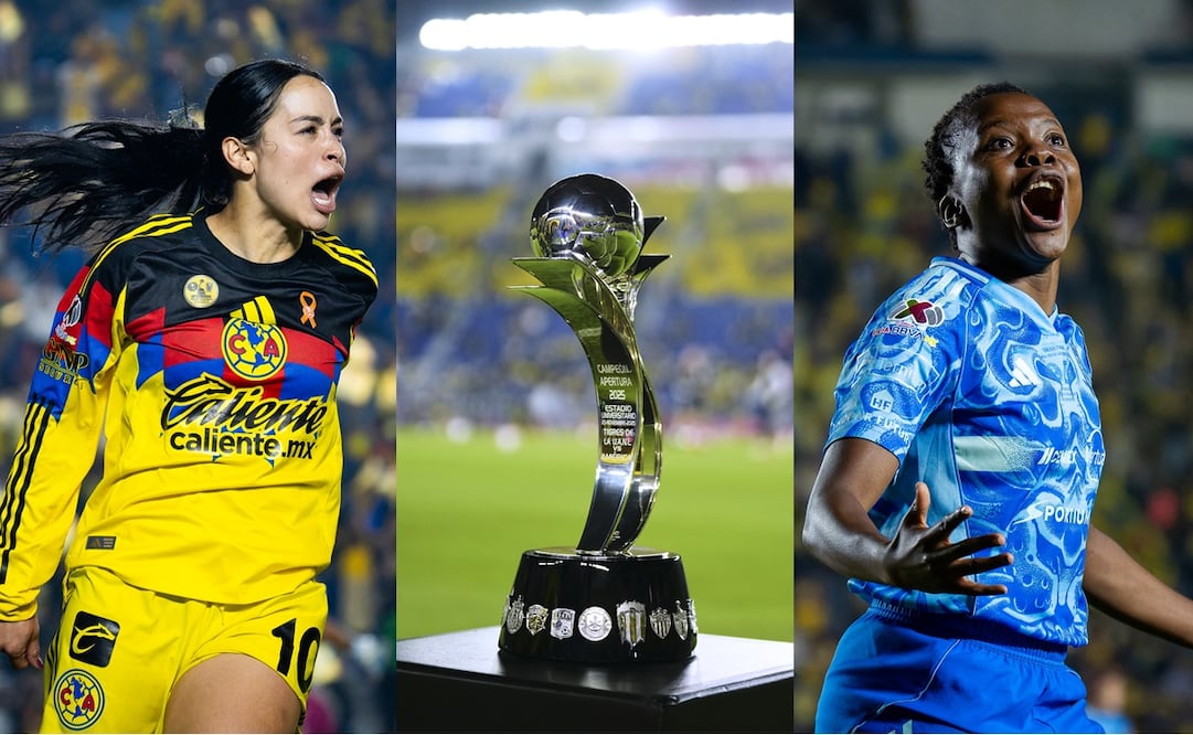 Scarlett Camberos y Thembi Kgatlana en la Final de Ida del Apertura 2025, junto al trofeo para la campeona de la Liga MX Femenil - Fotos: Imago7