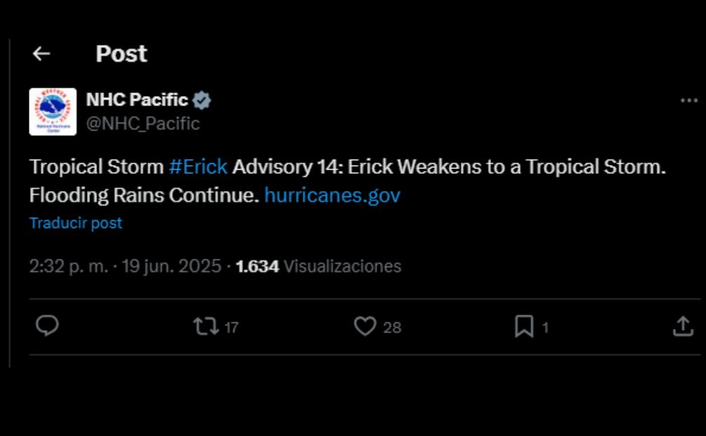 Erick se debilita a tormenta tropical (19/06/2025). Foto: Especial