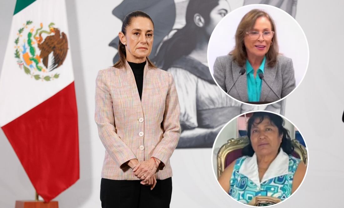 Claudia Sheinbaum, presidenta de México, durante la mañanera del 29 de julio del 2025 y Rocío Nahle, gobernadora de Veracruz e Irma Hernández, maestra jubilada y taxista. Fotos: Diego Simón / EL UNIVERSAL, tomada de la cuenta de X de @blogdelnarcomx y captura de pantalla