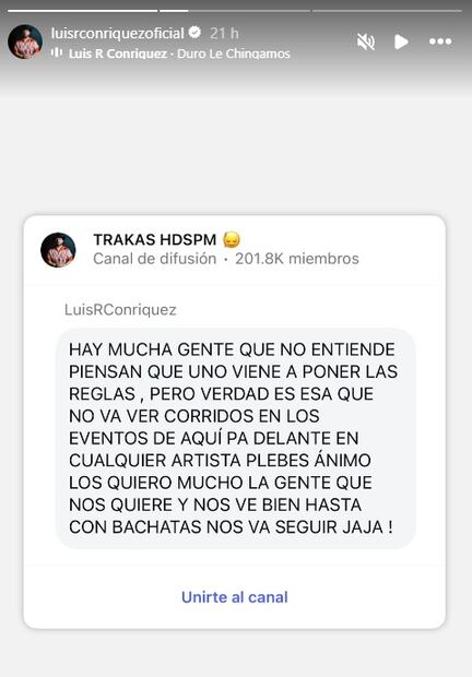 Luis R. Conriquez advirtió a sus seguidores que ya no cantará corridos por disposición de las autoridades.