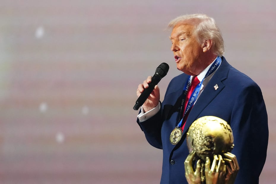 US President Donald Trump delivers his speech after receiving the FIFA Peace Prize during the draw for the 2026 FIFA Football World Cup taking place in the US, Canada and Mexico, at the Kennedy Center, in Washington, DC, on December 5, 2025. (Photo by Jia Haocheng / POOL / AFP)