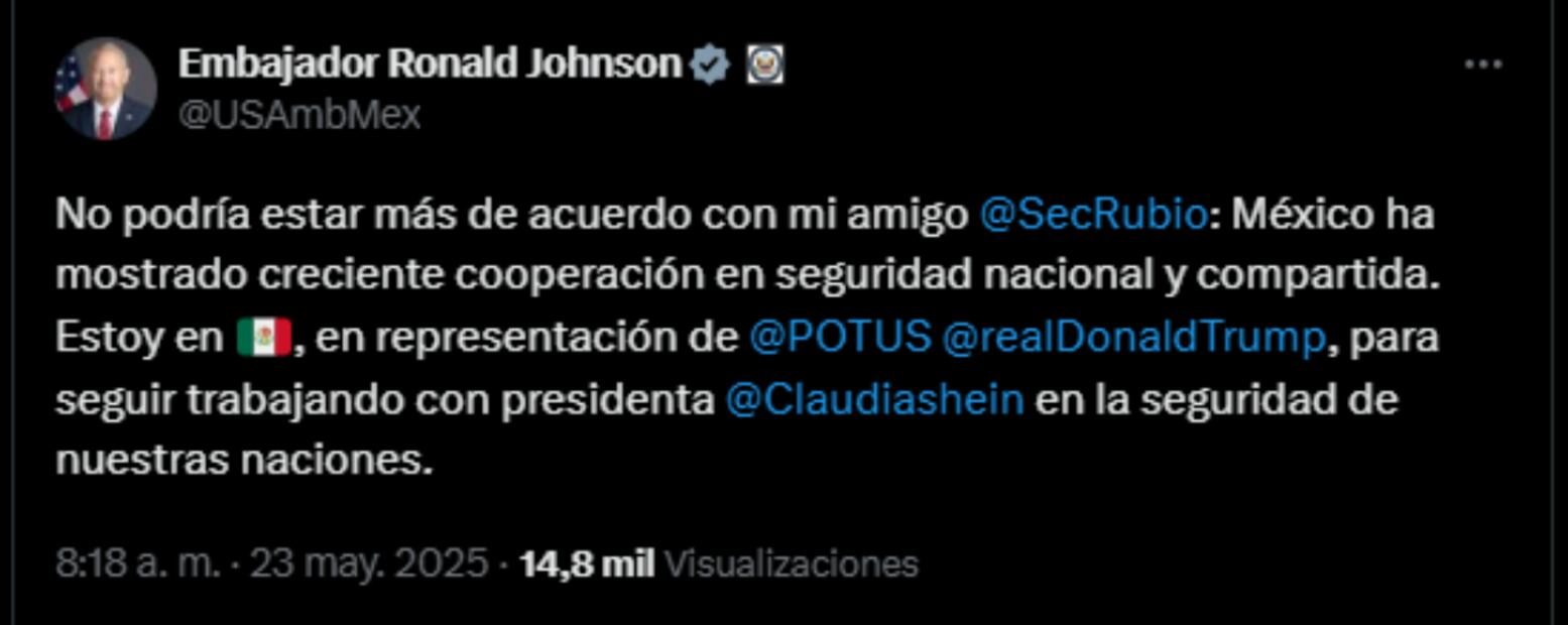 Publicación del Embajador de Estados Unidos en México, Ronald Johnson. Foto: captura de pantalla