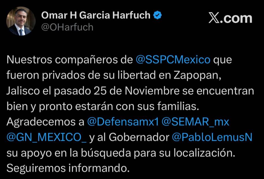 Omar García Harfuch, titular de la SSPC, reporta que los policías desaparecidos están bien. Foto: Captura de la cuenta de X de @OHarfuch