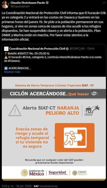 Posteo de Claudia Sheinbaum acerca del Huracán Erick. Foto: Captura de pantalla