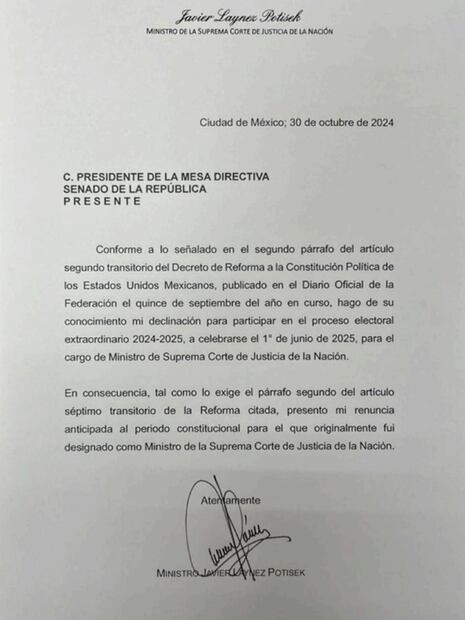 Carta de renuncia del ministro Javier Laynez Potisek. Foto: Especial