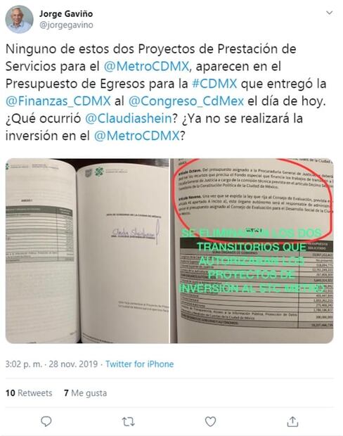 Financiamiento a largo plazo para Metro ya no aparece en paquete económico 2020: Gaviño