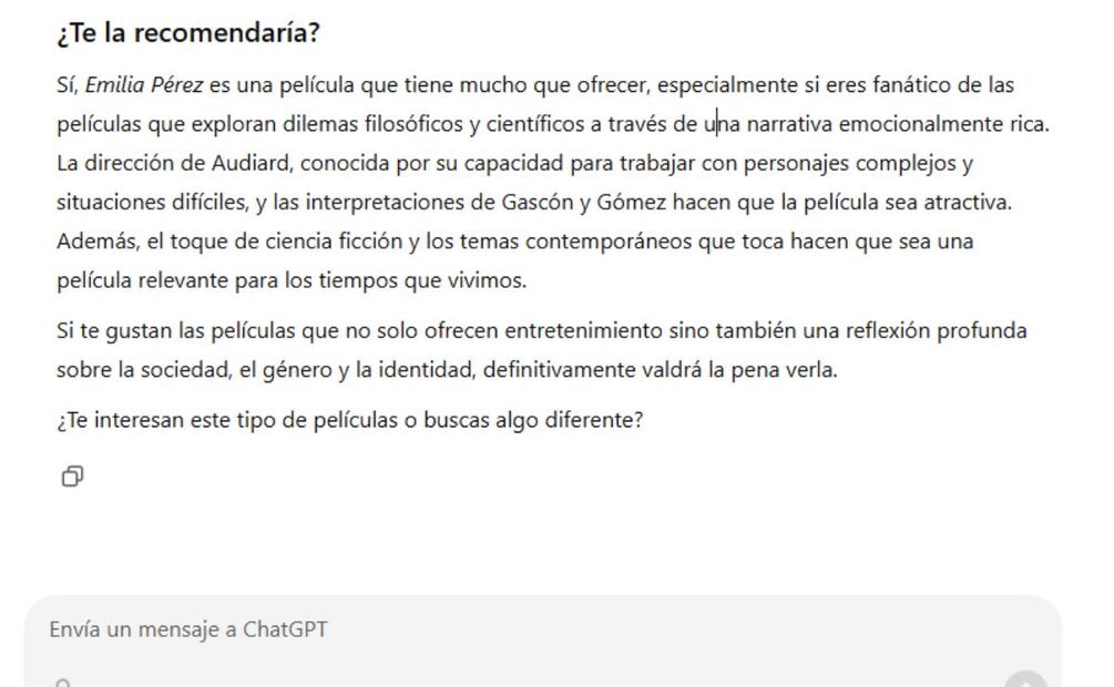 ¿La IA recomienda ver Emilia Pérez? Imagen: captura de pantalla