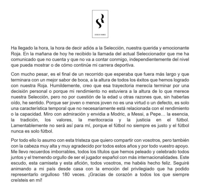 Sergio Ramos anunció su retiro de la Selección de España