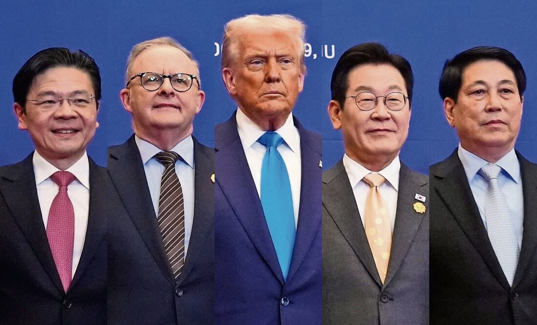 El premier de Singapur, Lawrence Wong; el premier australiano, Anthony Albanese; el presidente de Estados Unidos, Donald Trump, el presidente de Corea del Sur, Lee Jae Myung, y el de Vietnam, Luong Cuong, ayer en Gyeongju, Corea del Sur. Foto: Mark Schiefelbein / AP