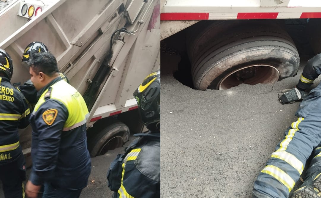 Camión recolector de basura queda atorado en un nuevo socavón en la alcaldía Cuauhtémoc
Foto: Especial.