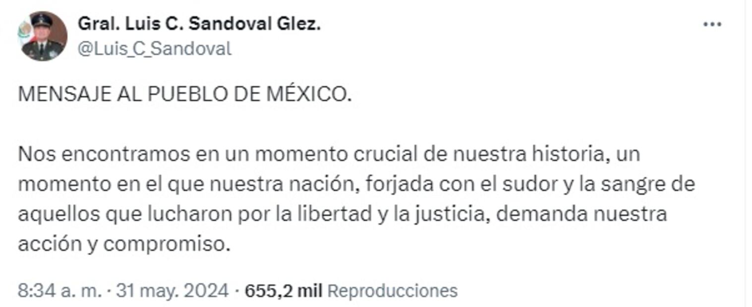 Mensaje atribuido a Luis Cresencio Sandoval en X. Foto: Especial