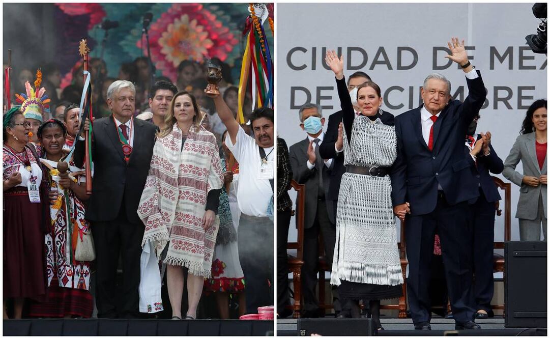 El presidente Andrés Manuel López Obrador tomado de la mano de su esposa Beatriz Müller en el año 2018 y luego en 2021
