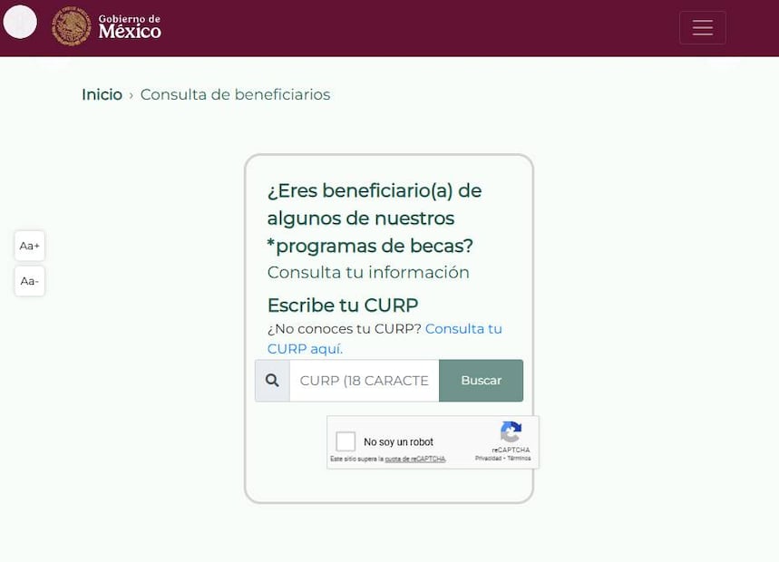 Buscador de estatus de becas del bienestar. Foto: Captura de la página de becas del bienestar