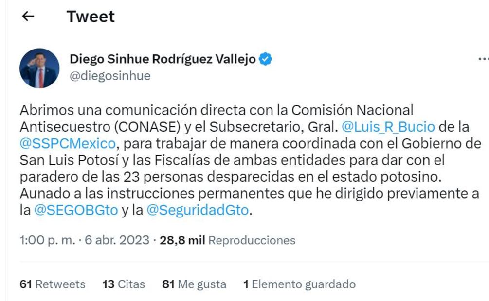 Cuenta de Twitter de Diego Sinhue. Foto: Captura de pantalla