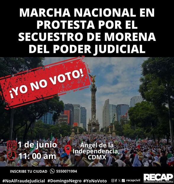 Oposición y usuarios de redes sociales llaman a marcha por elección judicial el próximo 1 de junio. Foto: Especial