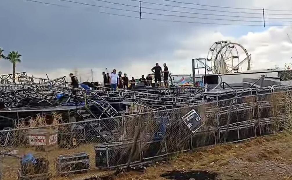Fuertes vientos derrumban escenario donde se presentaría Edén Muñoz en Meoqui, Chihuahua. Foto: especial