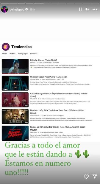 "Cactus", de Belinda, supera a "La intención" de Christian Nodal y Peso Pluma.