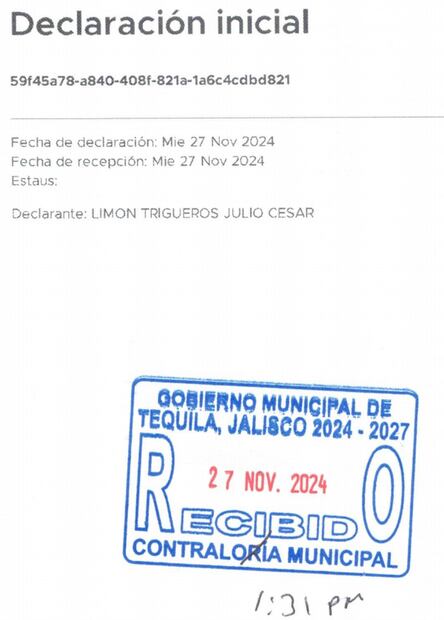 La Contraloría de Tequila selló como recibida la declaración de Limón Trigueros. Foto: Captura de pantalla.