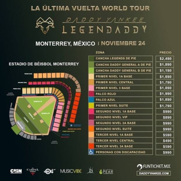 Desde 490 hasta 2 mil 890 pesos los boletos para Daddy Yankee en Guadalajara y Monterrey