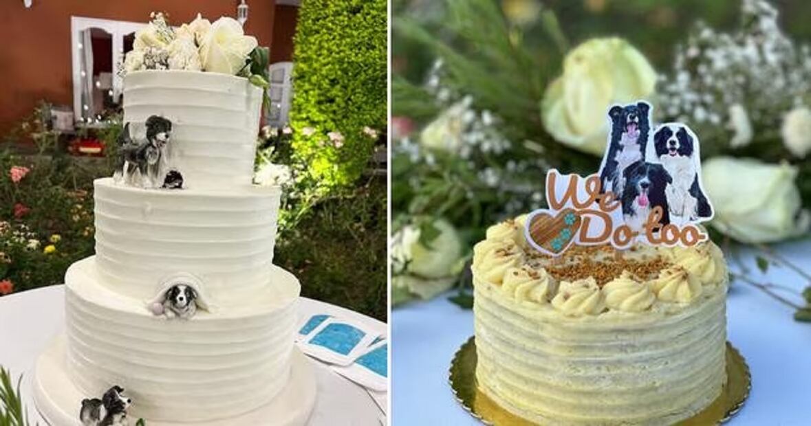 El pastel de bodas fue adornado con figuras de perritos. FOTO: Los Roots