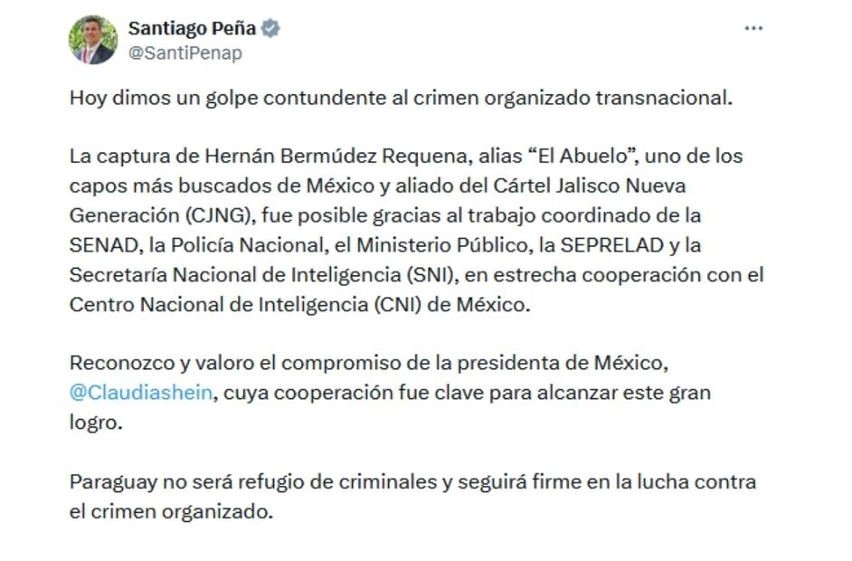 Mensaje del presidente de Paraguay, Santiago Peña Palacios. Foto @SantiPenap