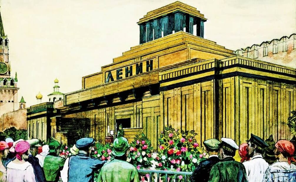 Mausoleo de Lenin en Moscú, ilustración de Isaak Brodsky en 1924.  Desde la caída de la Unión Soviética, hubo varias solicitudes para desmantelar el recinto en honor al revolucionario y llevar su cuerpo a un panteón, pero todas fueron denegadas. Foto: Wikimedia Commons.