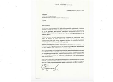 Carta íntegra de la renuncia de Jiménez Espriú de la SCT