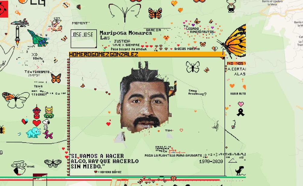 Usuarios dibujan en Wplace a Homero Gómez, defensor de la mariposa monarca, cerca de Ocampo, en Michoacán. Foto: Captura