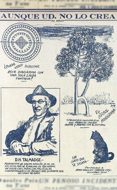 Cartón de Ripley para EL UNIVERSAL, 1938, con dos árboles que formaron una K y un periodista que escribió 5 millones de palabras. Foto: Hemeroteca EL UNIVERSAL.