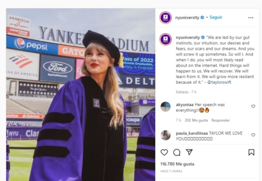 Taylor Swift se pone toga y birrete por primera vez, para recibir un doctorado Honoris Causa de la Universidad de Nueva York